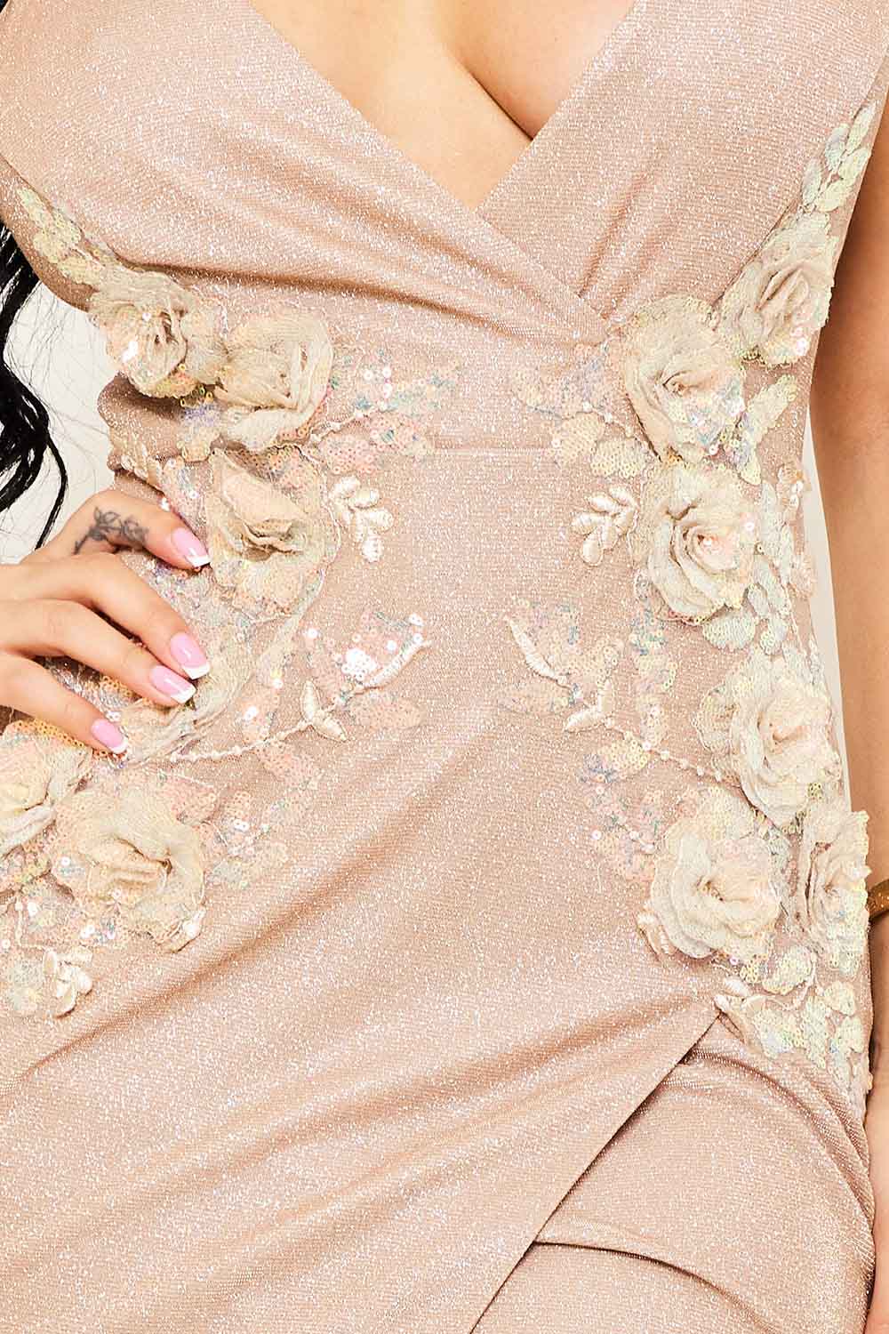 Symphony Dress - Flower Embellished Shiny Knit Wrap Mini Dress