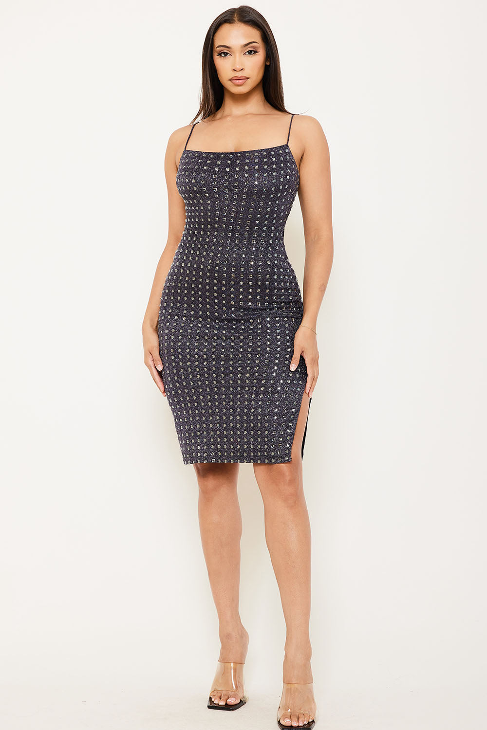 Symphony Dress - Square Rhinestone On Shiny Mini Dress