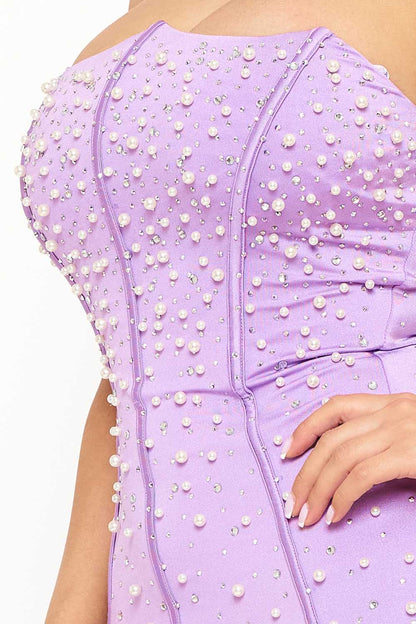 Symphony Dress - Pearl Bead Attached Power Satin Mini Dress