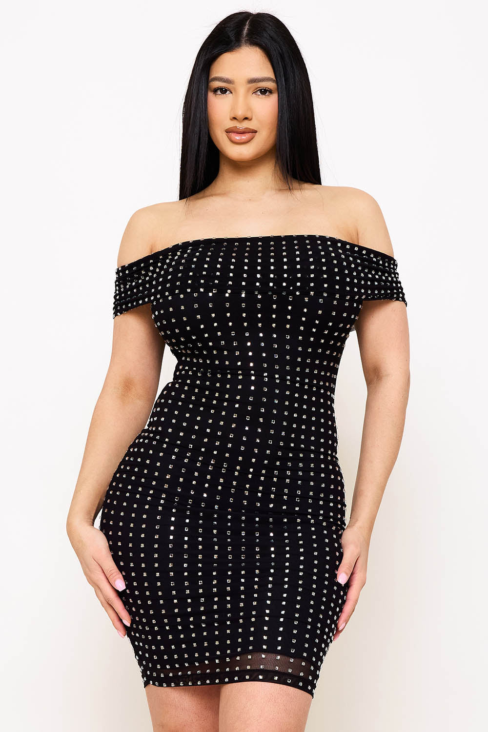 Symphony Dress - Square Rhinestone On Power Mesh Off The Shoulder Midi Dress