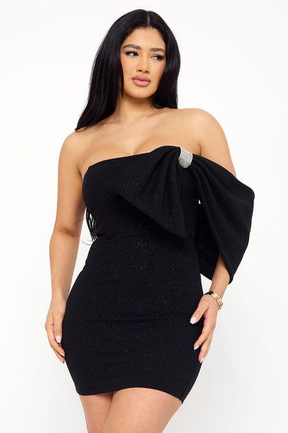Symphony Dress - Glitter With Large Bow On One Shoulder Mini Dress
