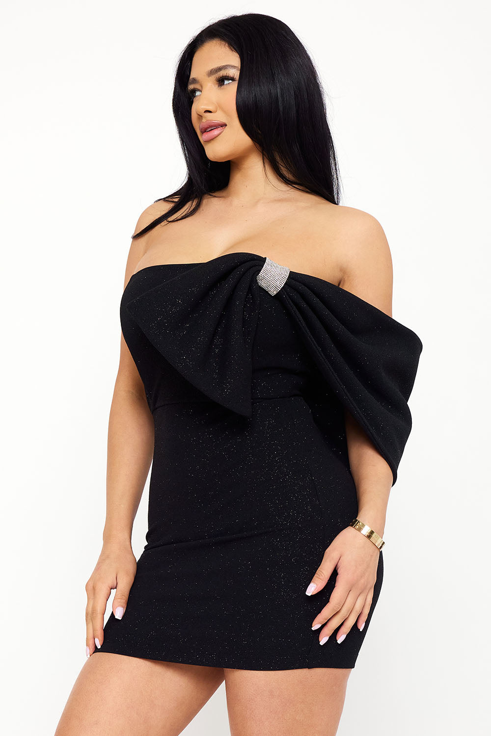 Symphony Dress - Glitter With Large Bow On One Shoulder Mini Dress