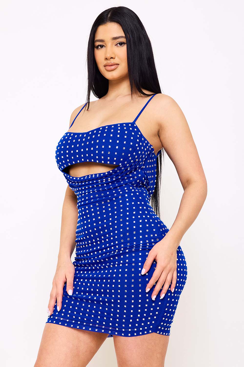 Symphony Dress - Rhinestone On Power Mesh Draped Front Mini Dress