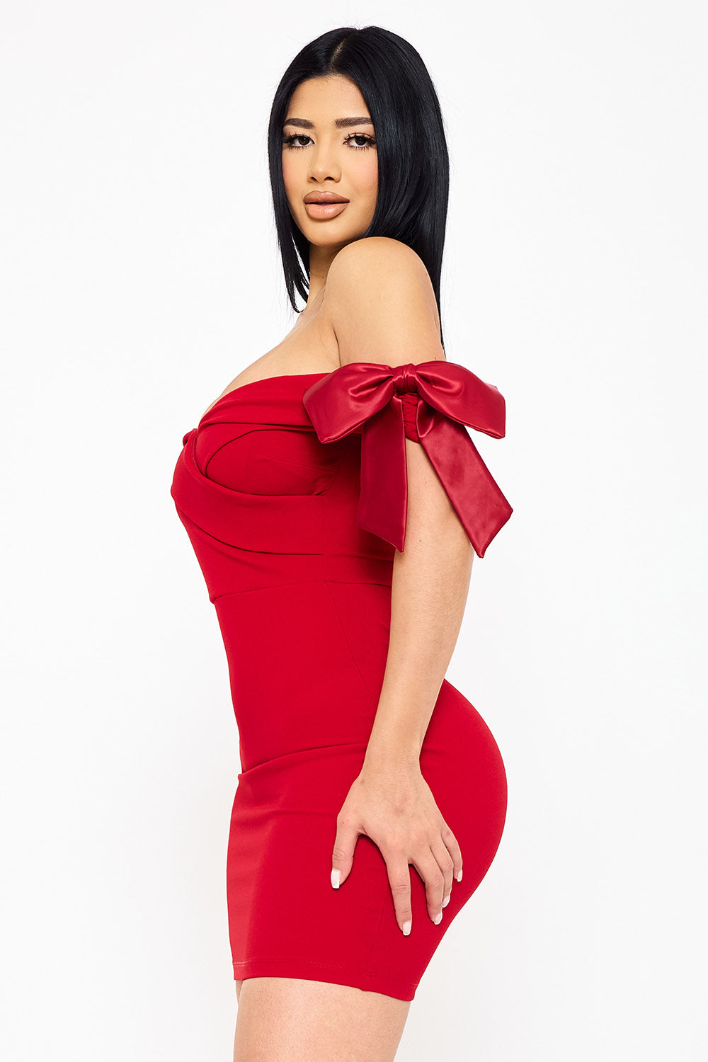Symphony Dress - Satin Bow On Sleeve Off The Shoulder Mini Dress