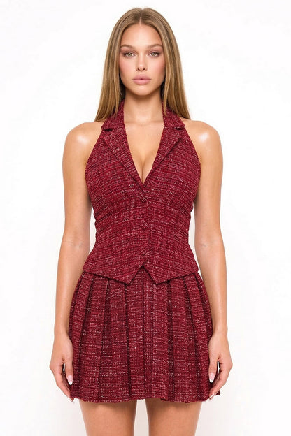 Symphony Dress - Tweed Halter Top With Collar Mini Dress