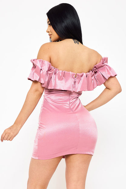 Symphony Dress - Ruffle Metallic Tricot Off The Shoulder Mini Dress