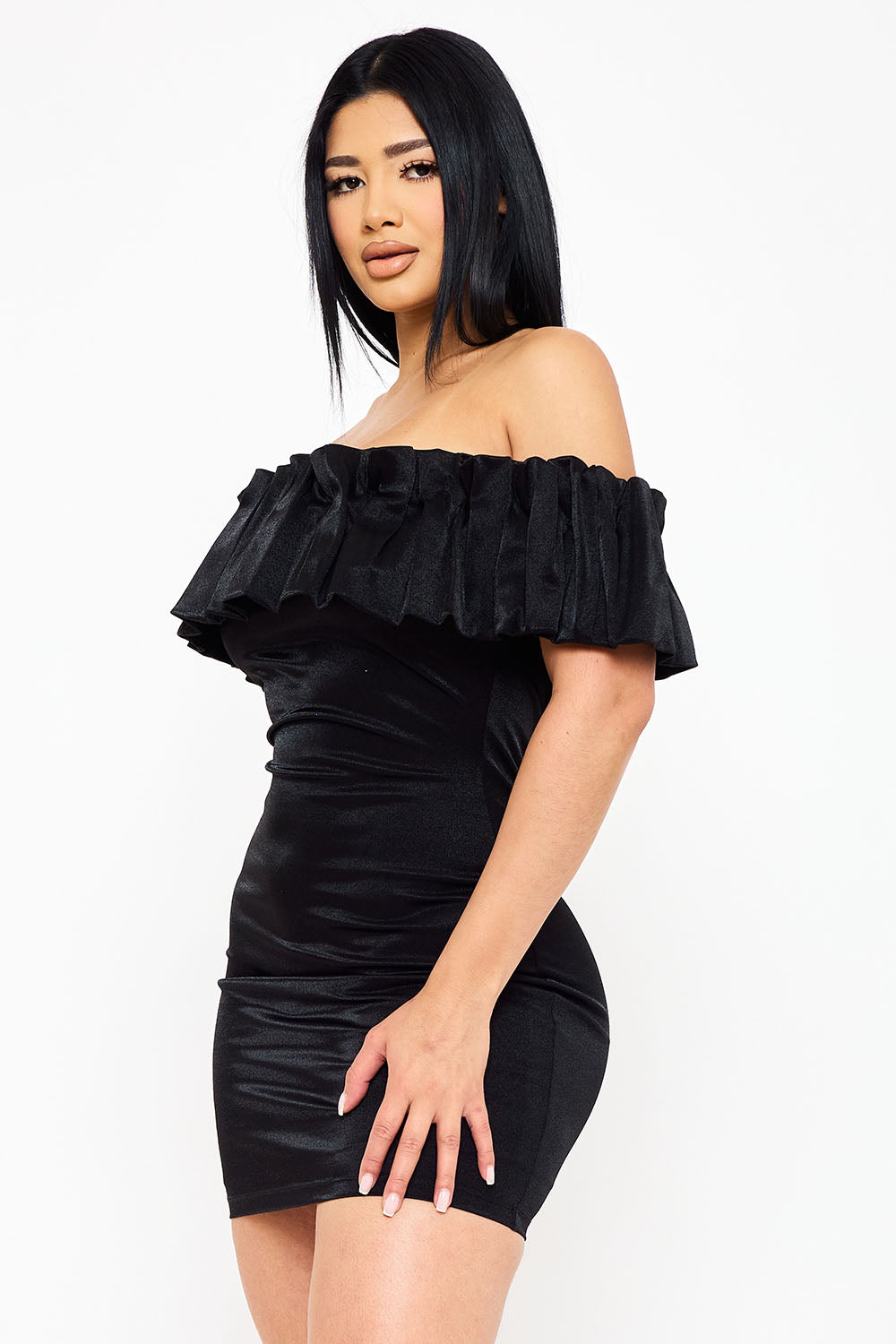 Symphony Dress - Ruffle Metallic Tricot Off The Shoulder Mini Dress