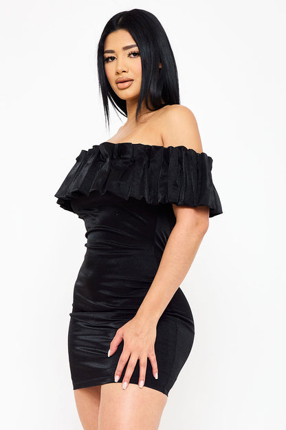 Symphony Dress - Ruffle Metallic Tricot Off The Shoulder Mini Dress