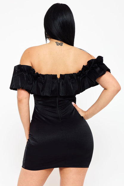 Symphony Dress - Ruffle Metallic Tricot Off The Shoulder Mini Dress