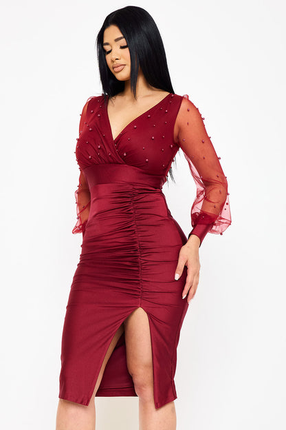 Symphony Dress - Pearl Beaded On Mesh With Contrast Power Satin Midi Dress