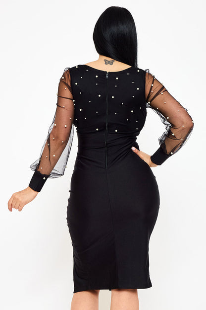 Symphony Dress - Pearl Beaded On Mesh With Contrast Power Satin Midi Dress