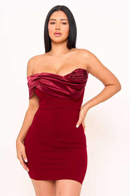 Symphony Dress - Satin Rose Off The Shoulder Mini Dress