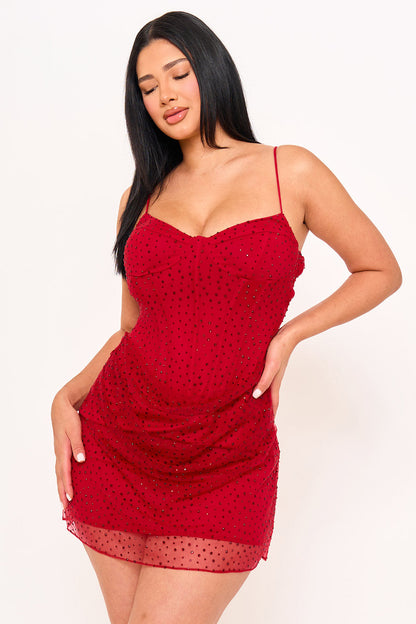 Symphony Dress - Rhinestone On Overlay Mesh Mini Dress