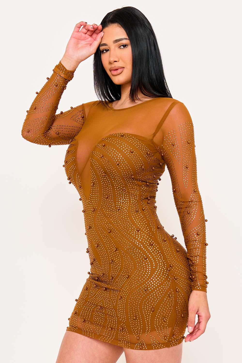 Symphony Dress - Patterned Rhinestone And Pearl On Mesh Mini Dress