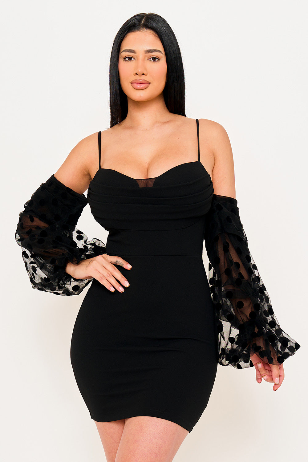 Symphony Dress - Polkadot On Mesh Long Balloon Sleeve Mini Dress