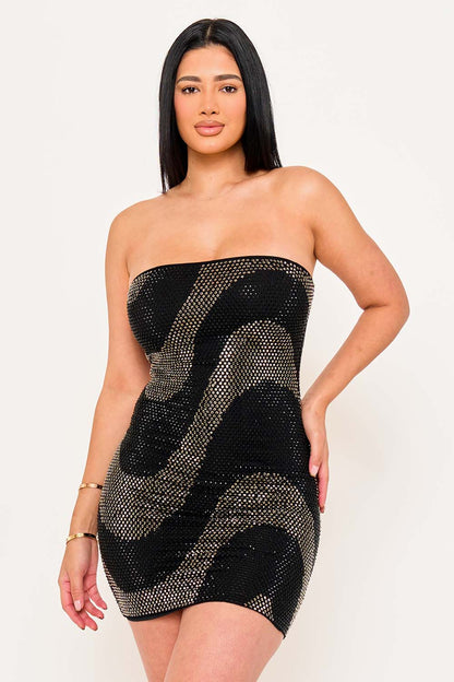 Symphony Dress - Swirl Patterned Rhinestone Tube Top Mini Dress