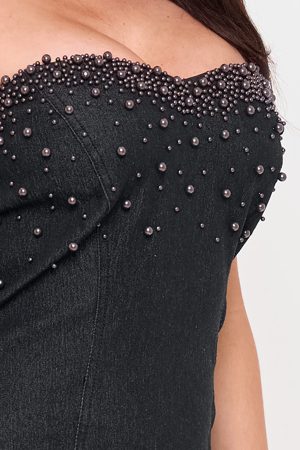 Symphony Dress - Pearl Beaded Top Denim Mini Dress