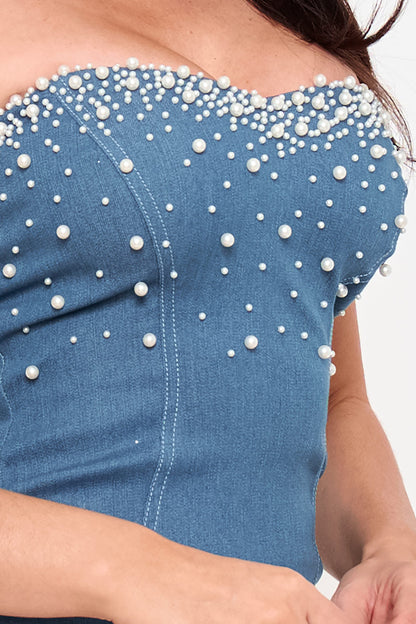 Symphony Dress - Pearl Beaded Top Denim Mini Dress