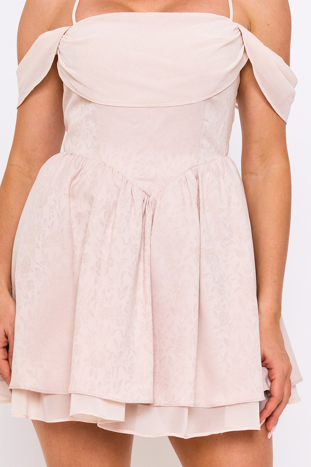 Symphony Dress - Floral Jacquard Open Shoulder Mini Dress
