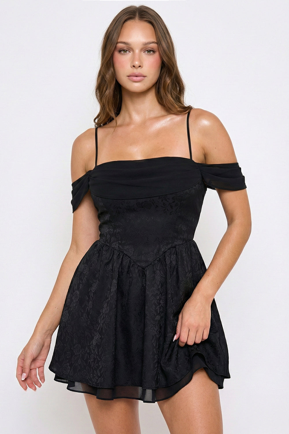 Symphony Dress - Floral Jacquard Open Shoulder Mini Dress
