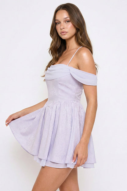Symphony Dress - Floral Jacquard Open Shoulder Mini Dress