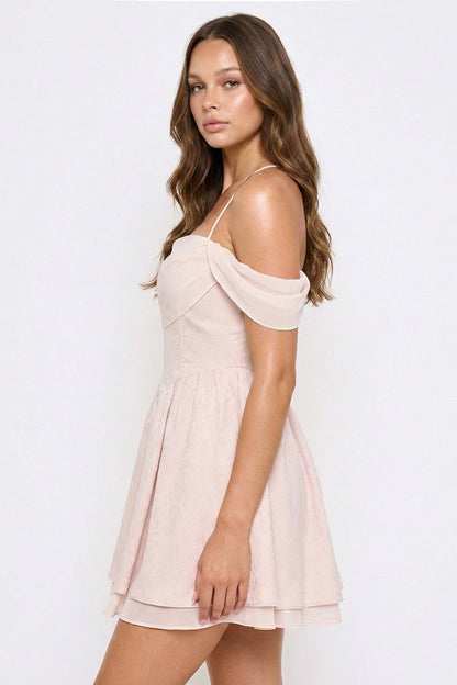 Symphony Dress - Floral Jacquard Open Shoulder Mini Dress