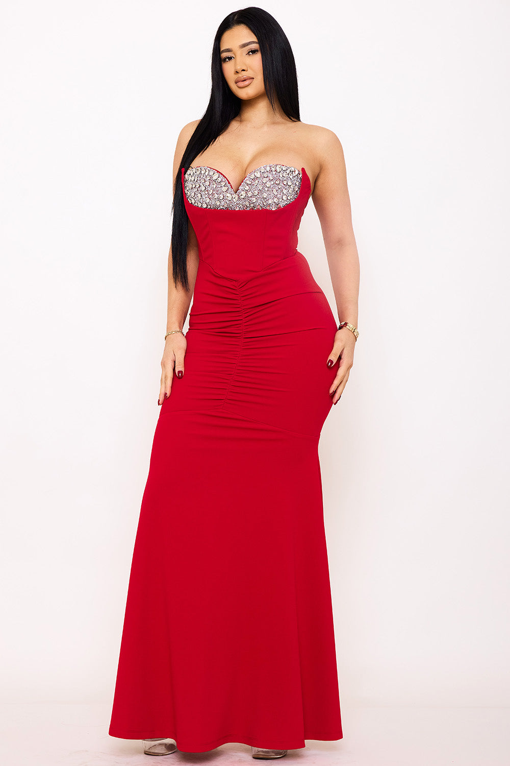 Symphony Dress - Multi Shape Rhinestone On Bust Mermaid Maxi Dress