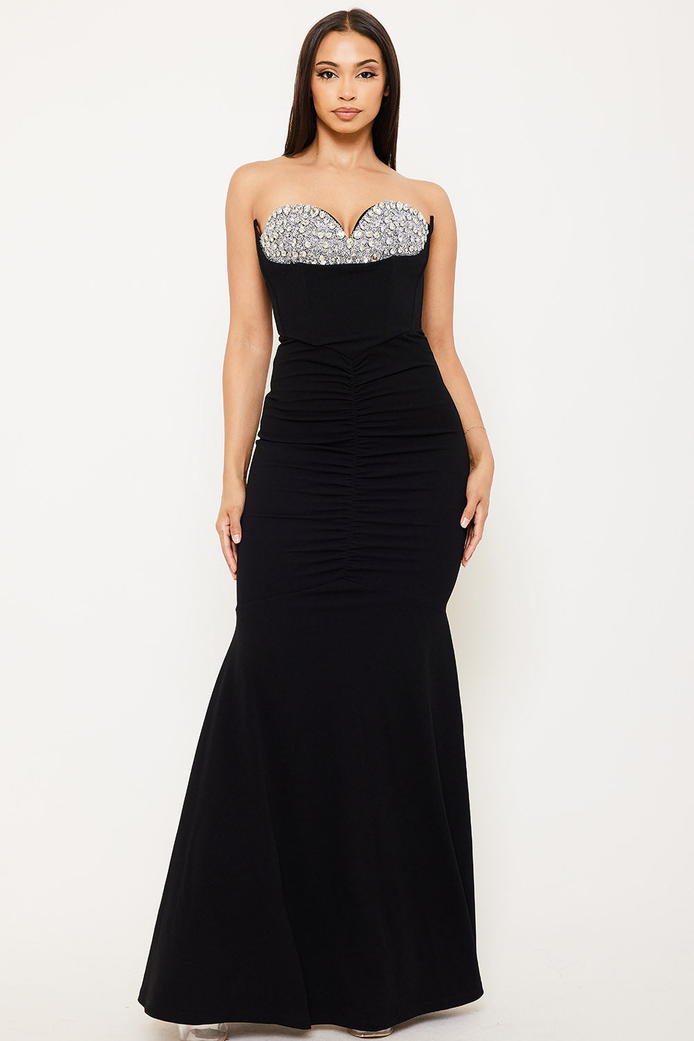 Symphony Dress - Multi Shape Rhinestone On Bust Mermaid Maxi Dress