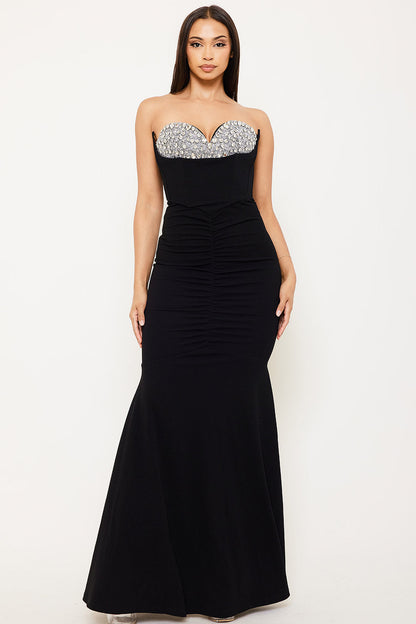 Symphony Dress - Multi Shape Rhinestone On Bust Mermaid Maxi Dress