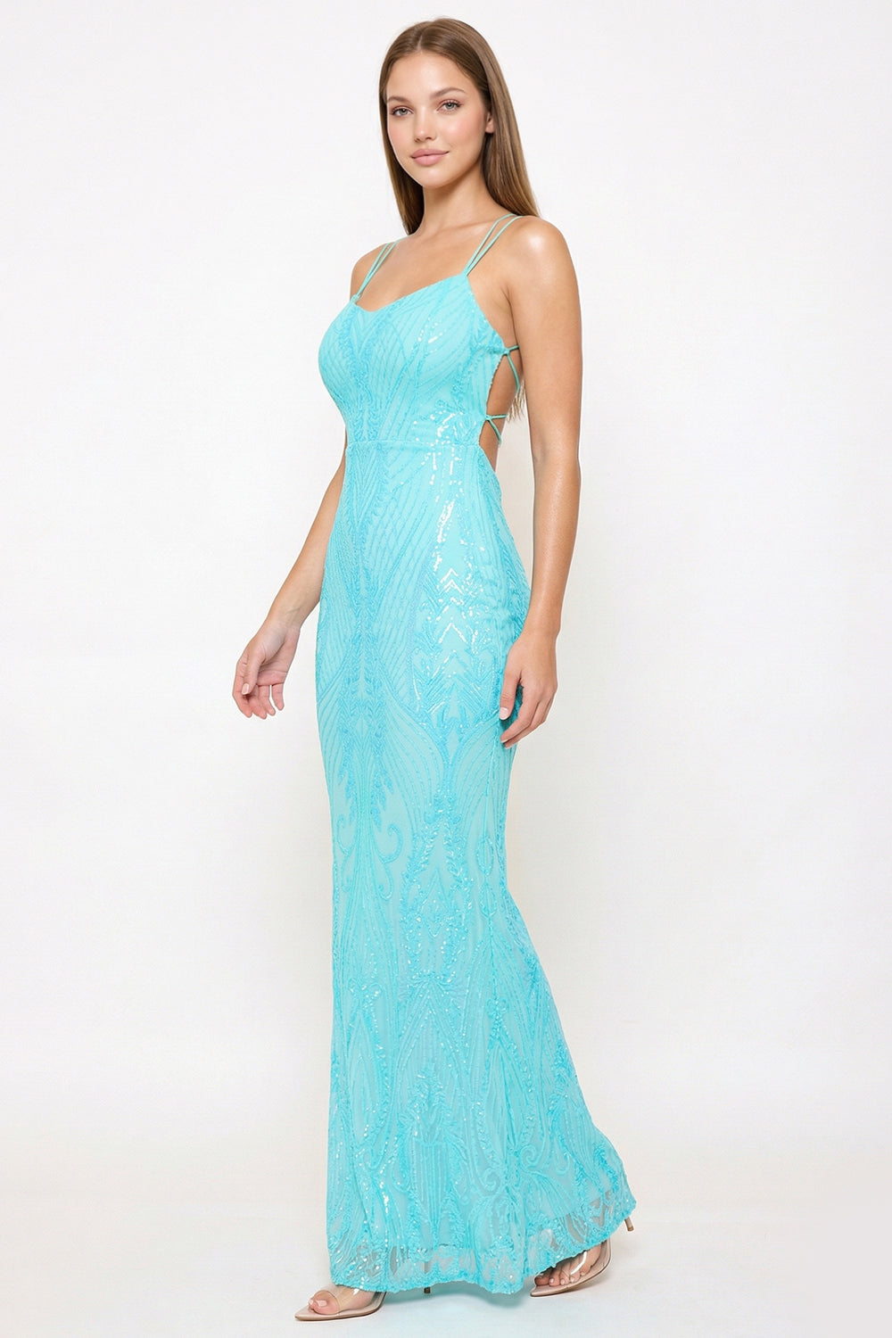 Symphony Dress - Scroll Pattered On Mesh Fabric Maxi Dress