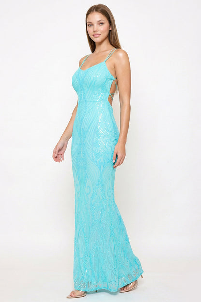 Symphony Dress - Scroll Pattered On Mesh Fabric Maxi Dress