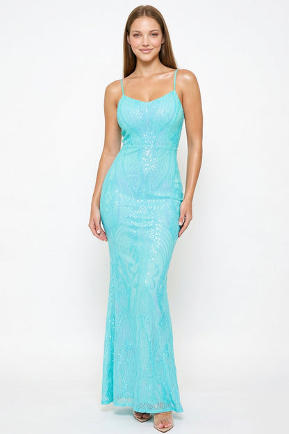 Symphony Dress - Scroll Pattered On Mesh Fabric Maxi Dress
