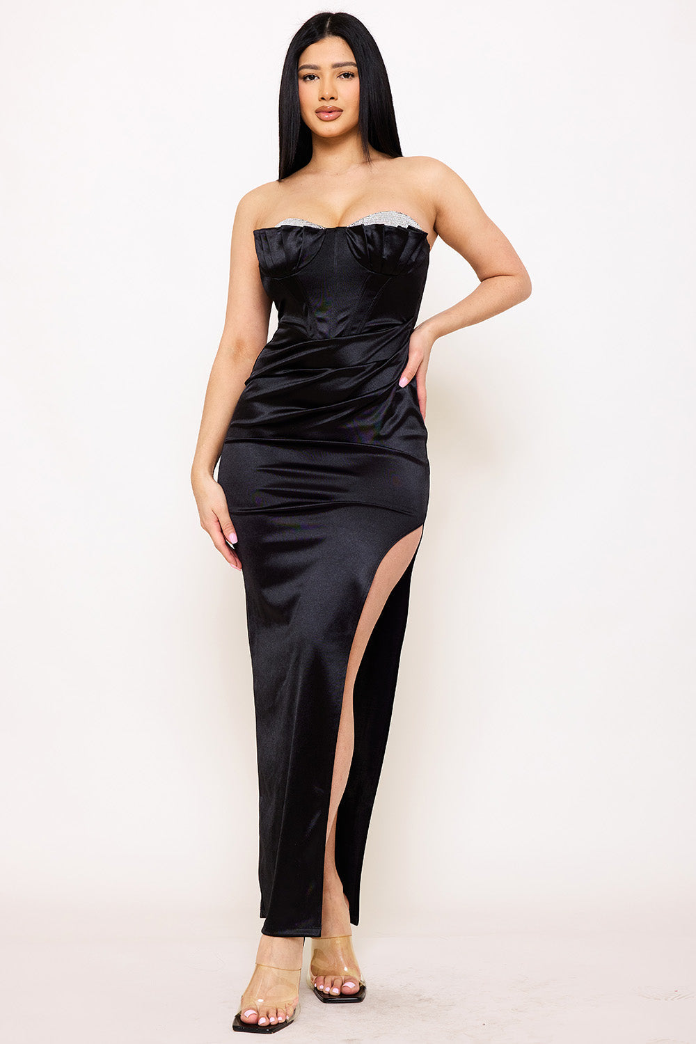 Symphony Dress - Pleated Cup With Rhinestone Satin Maxi Dress