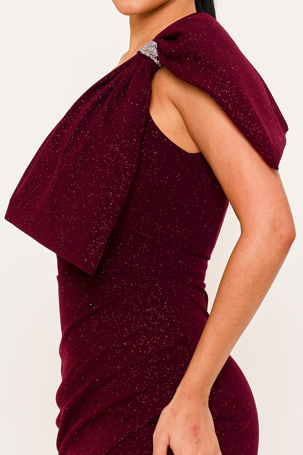 Symphony Dress - Glitter With One Shoulder Oversized Bow On Sleeve Maxi Dress