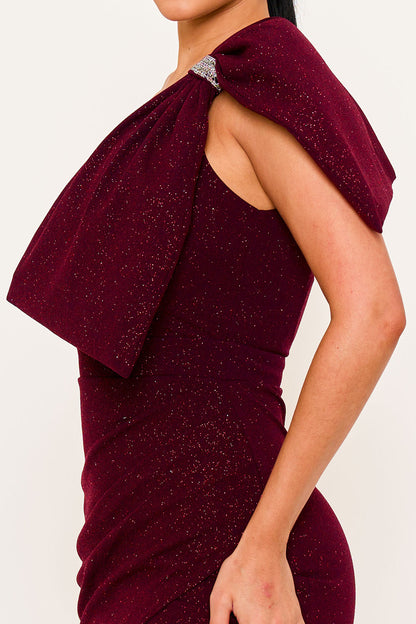 Symphony Dress - Glitter With One Shoulder Oversized Bow On Sleeve Maxi Dress