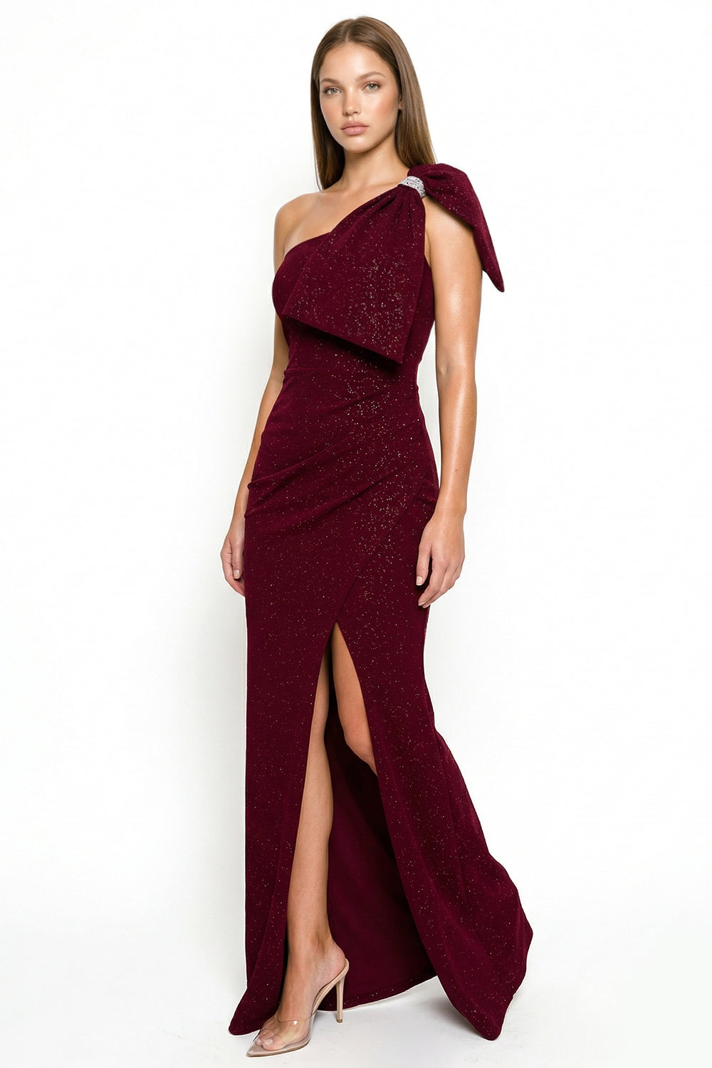Symphony Dress - Glitter With One Shoulder Oversized Bow On Sleeve Maxi Dress