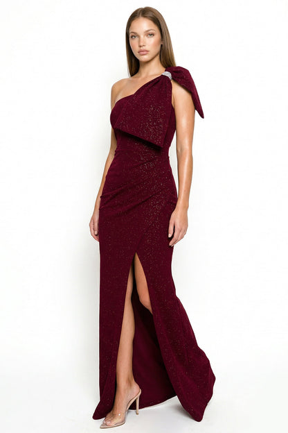 Symphony Dress - Glitter With One Shoulder Oversized Bow On Sleeve Maxi Dress