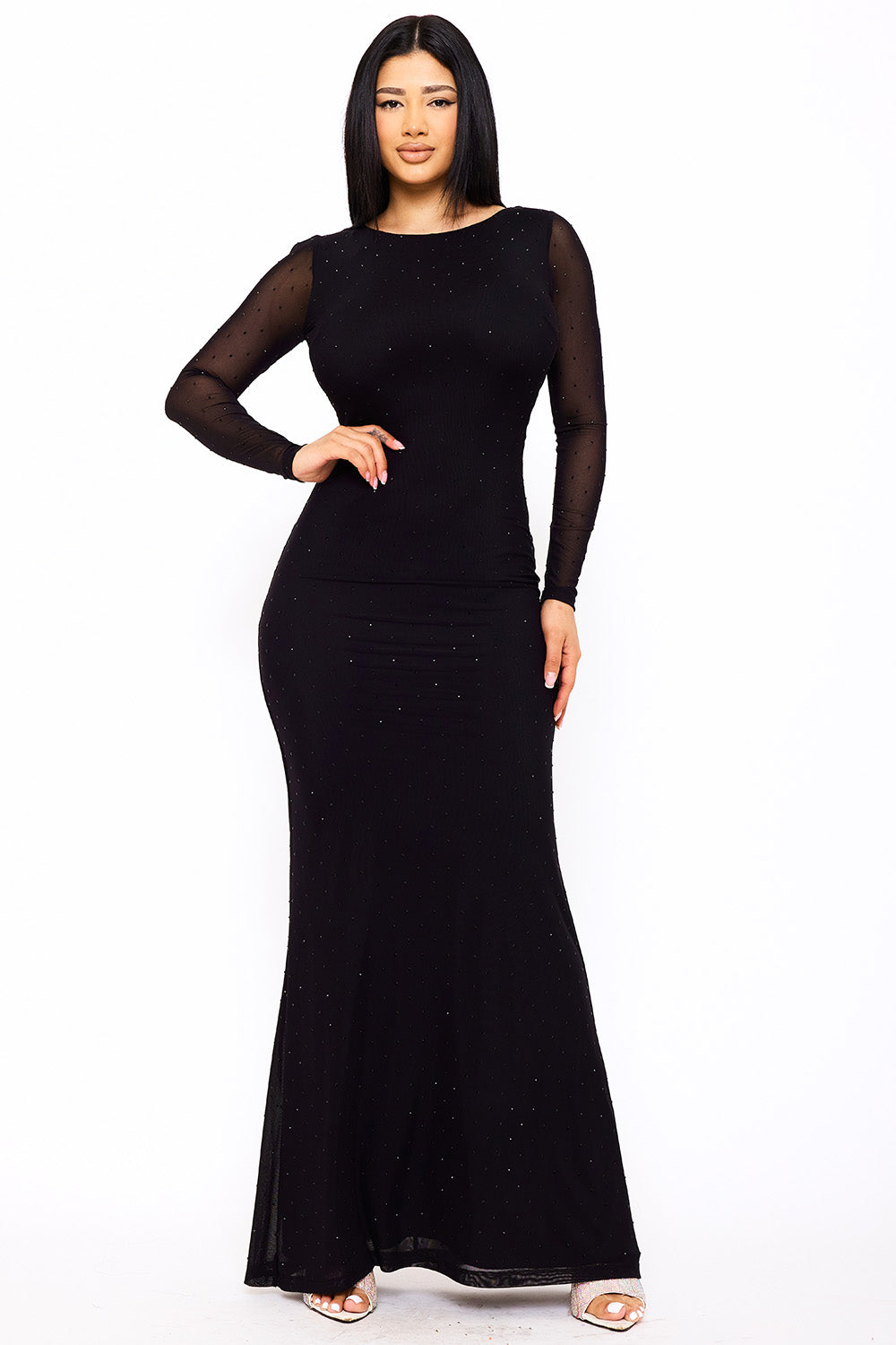 Symphony Dress - Rhinestone On Power Mesh Open Back Maxi Dress