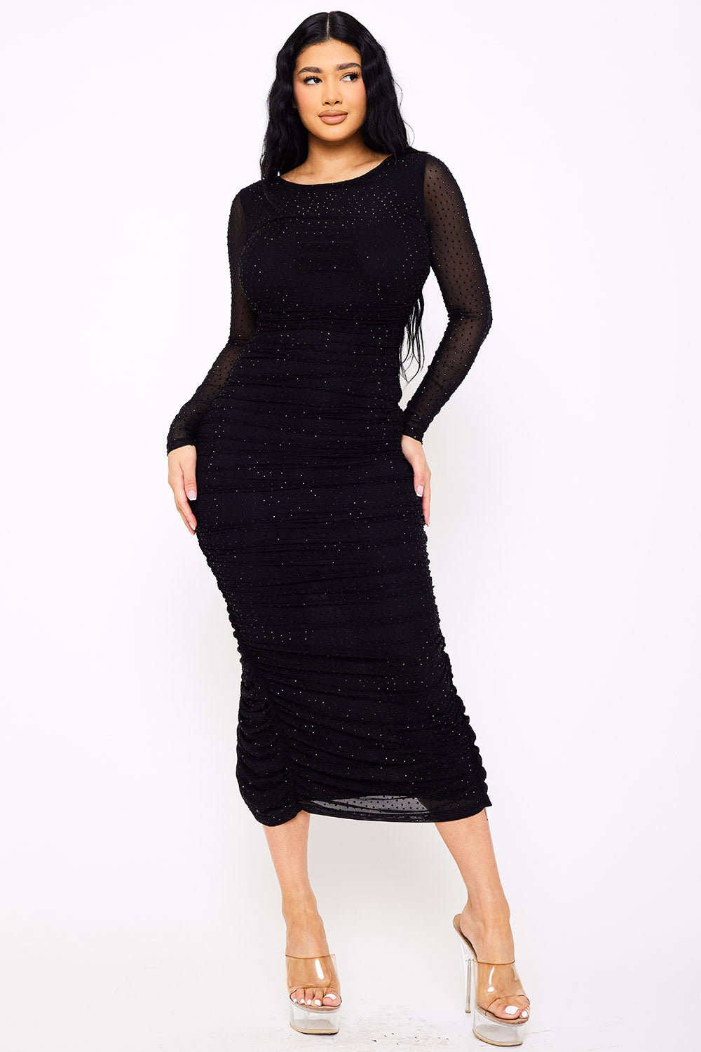 Symphony Dress - Rhinestone On Mesh Pleated Long Dress