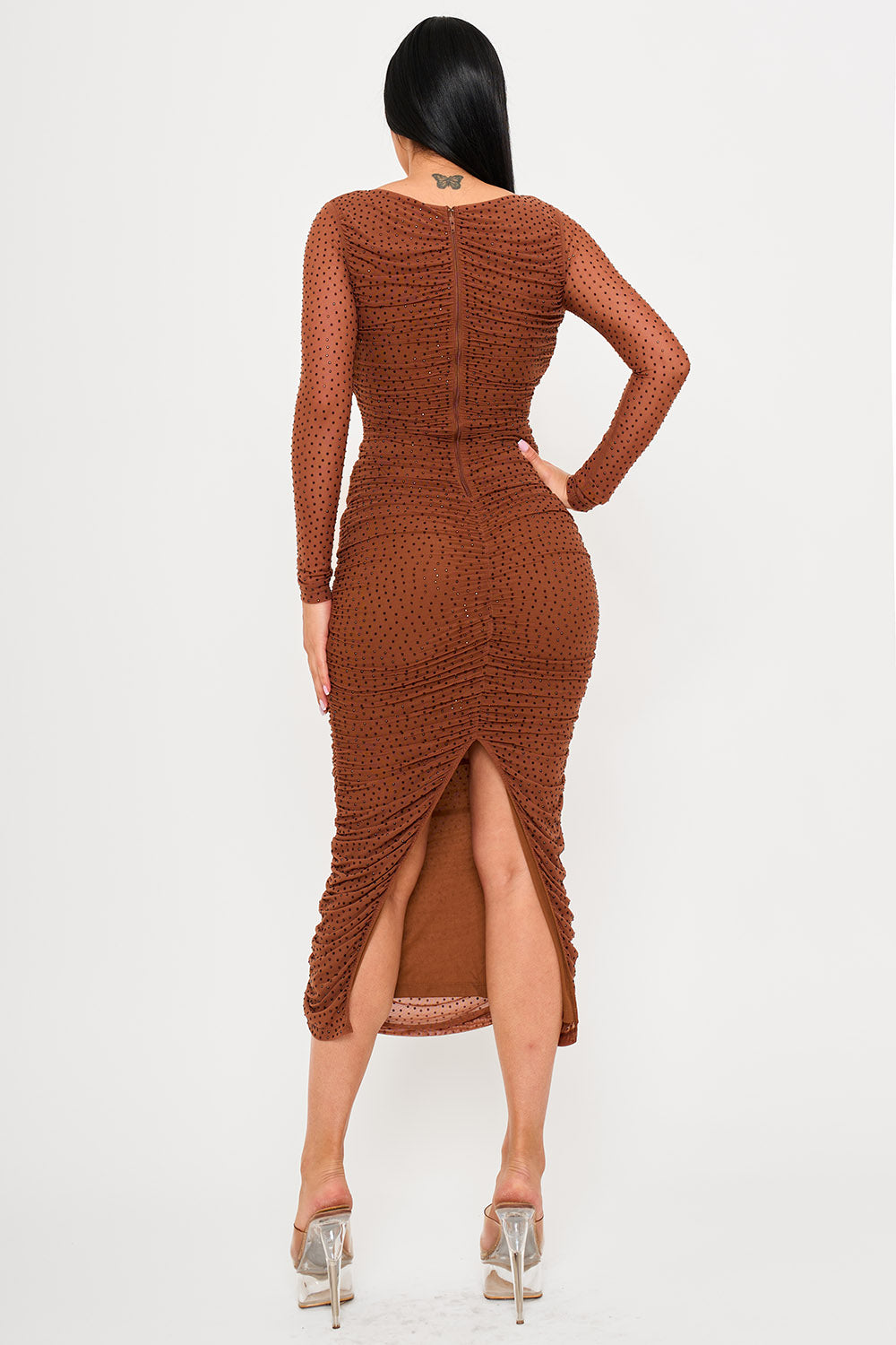 Symphony Dress - Rhinestone On Mesh Pleated Long Dress