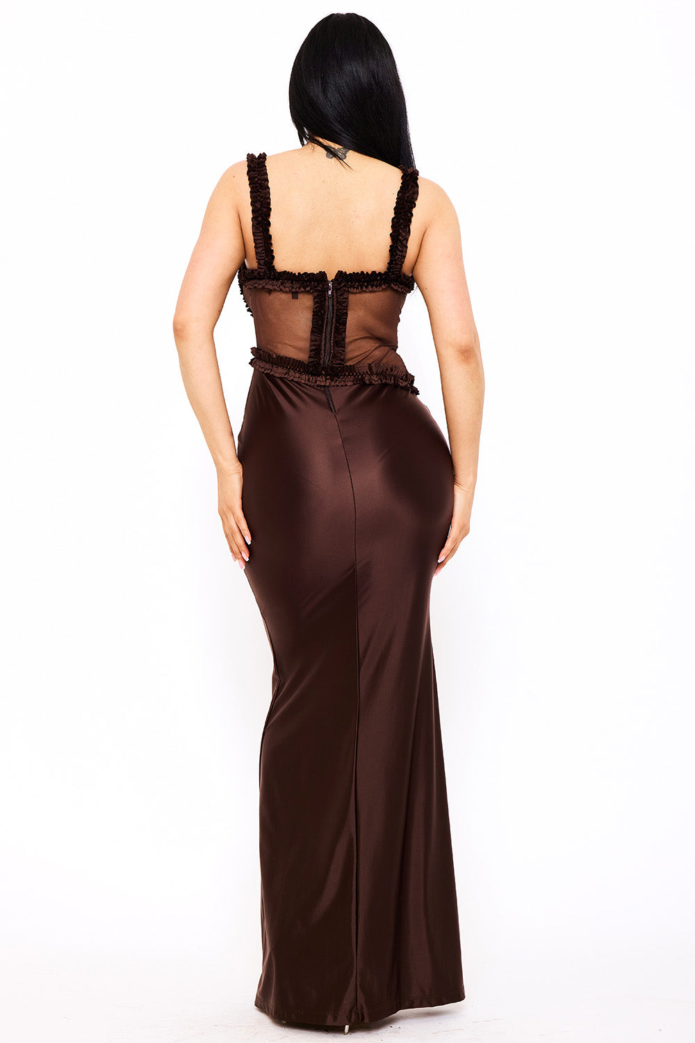 Symphony Dress - Ruffle Trim Detail On Satin Sheer Maxi Dress