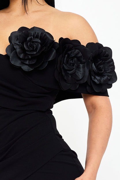 Symphony Dress - Flower Corsage On One Side Off The Shoulder Maxi Dress