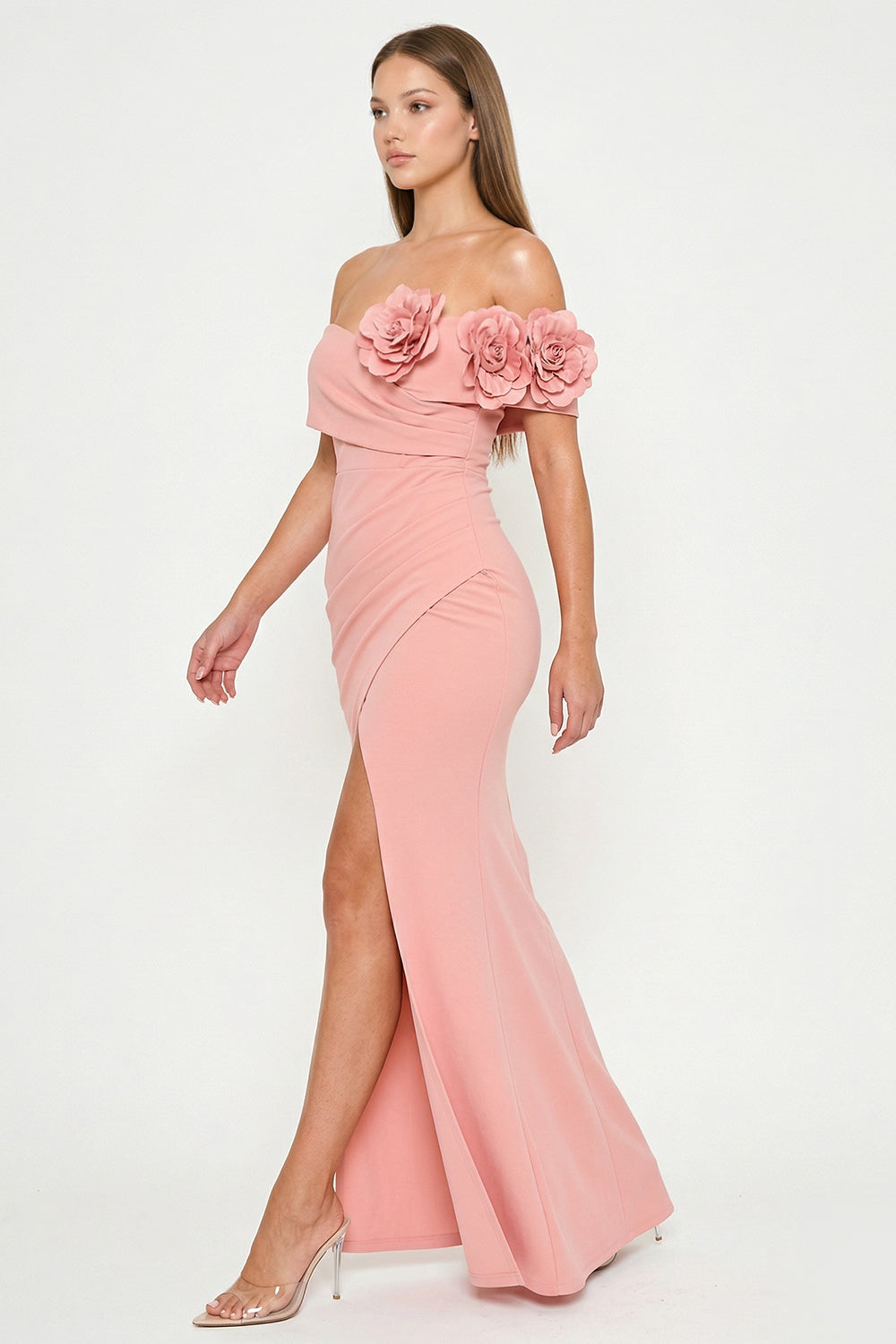 Symphony Dress - Flower Corsage On One Side Off The Shoulder Maxi Dress