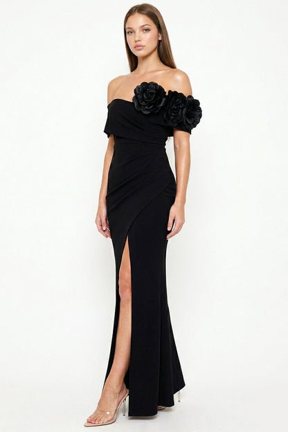 Symphony Dress - Flower Corsage On One Side Off The Shoulder Maxi Dress