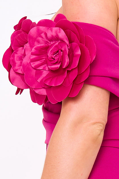Symphony Dress - Flower Corsage On One Side Off The Shoulder Maxi Dress