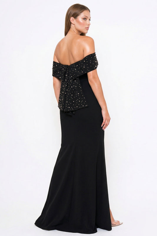 Symphony Dress - Pearl Beaded Detail Off The Shoulder Mermaid Maxi Dress