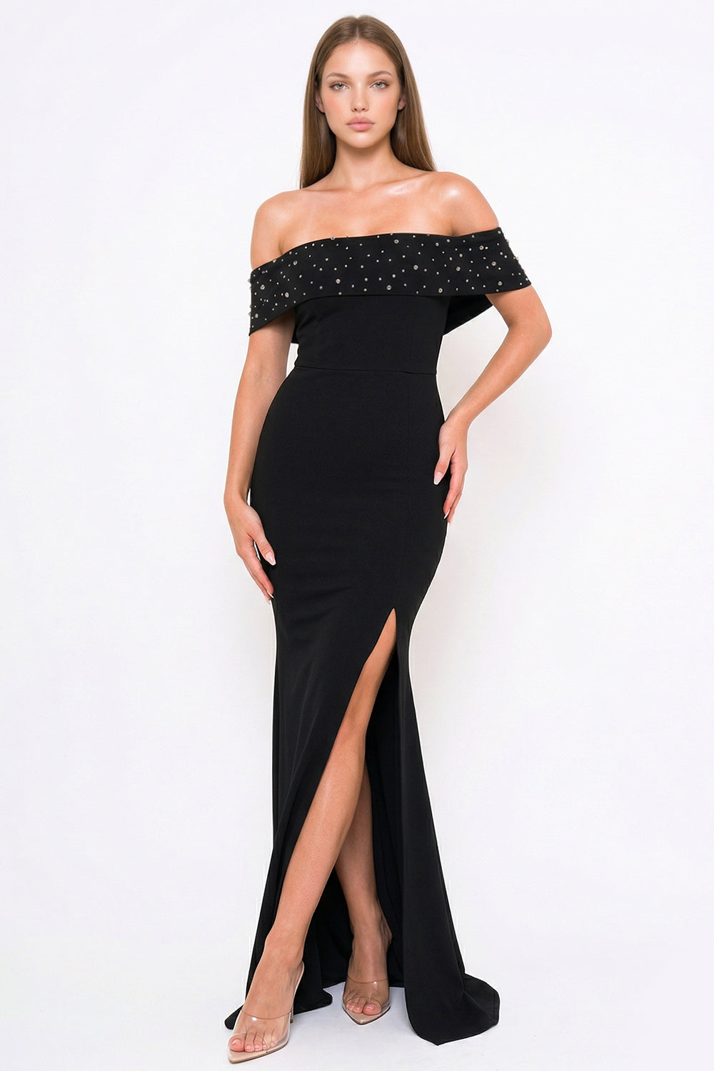 Symphony Dress - Pearl Beaded Detail Off The Shoulder Mermaid Maxi Dress