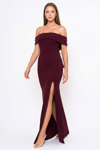 Symphony Dress - Pearl Beaded Detail Off The Shoulder Mermaid Maxi Dress