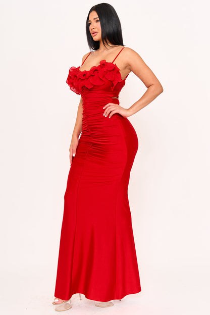 Symphony Dress - Pleated Ruffle On Power Satin Maxi Dress