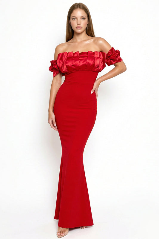 Symphony Dress - Satin Ruffle And Techno Crepe Contrast Maxi Dress
